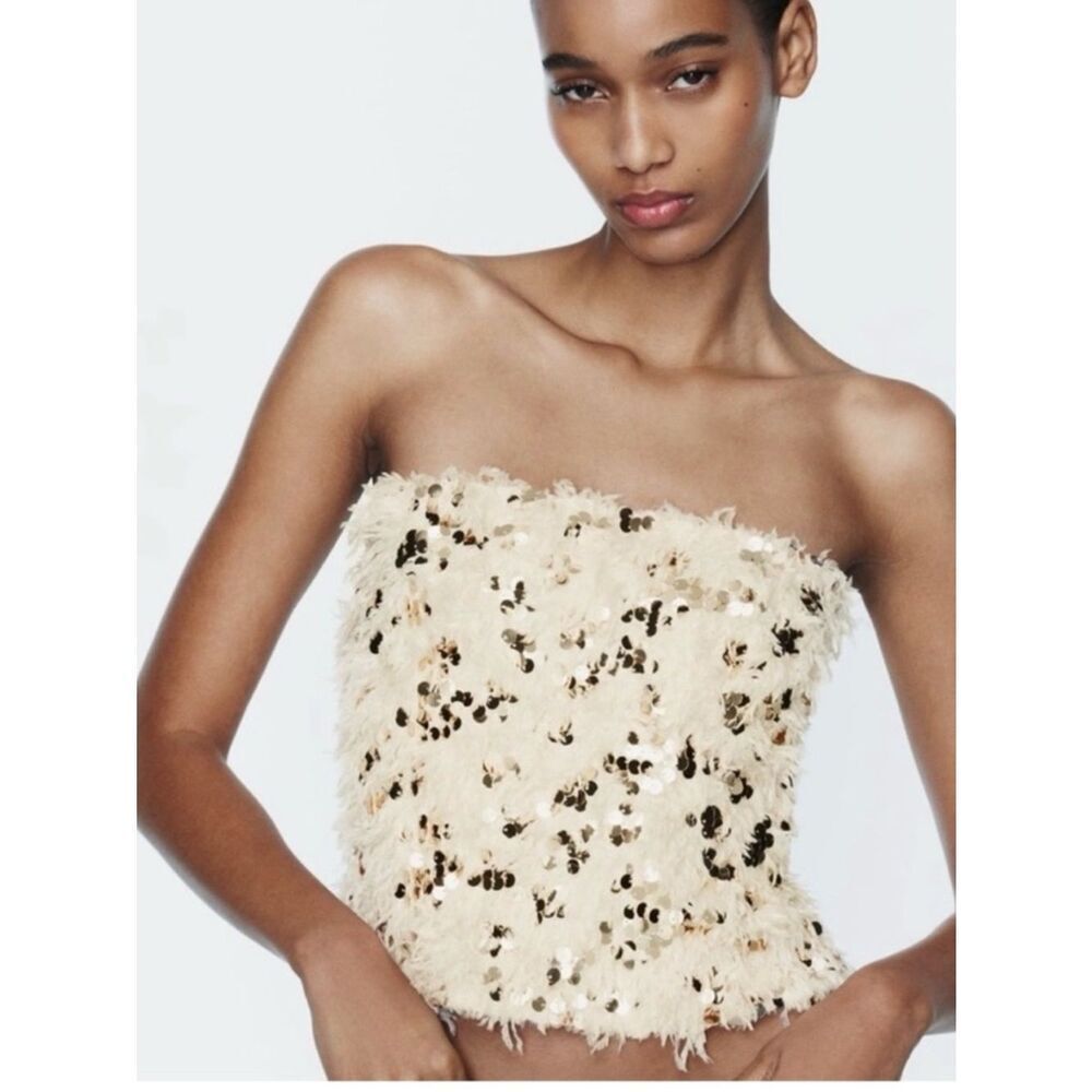 NWT Zara Sequin Faux Feather Tube Top Cream Size XS